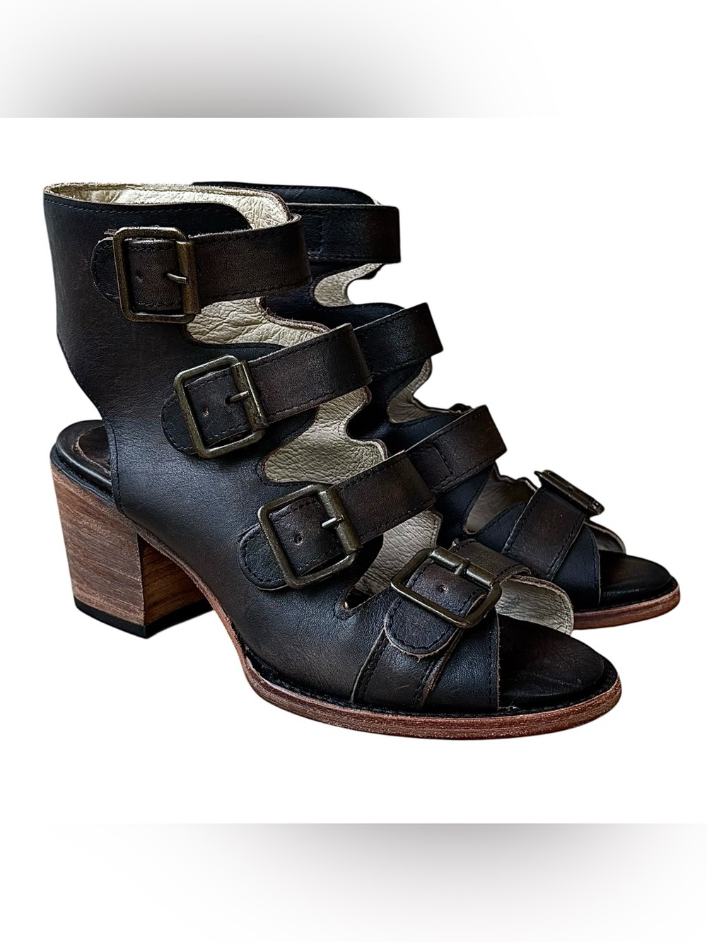 FREEBIRD Quail Brown Distressed Leather Heeled Sandals w/ Buckles